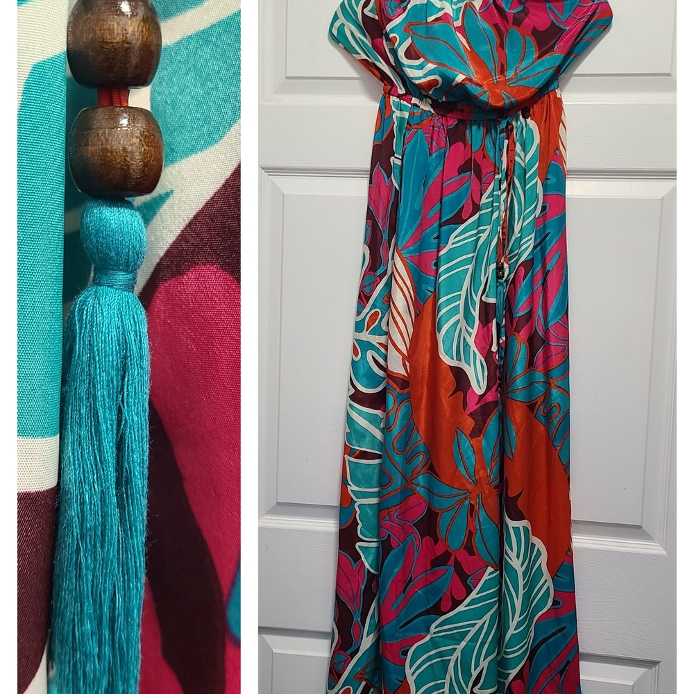 Tropical Multicolor Strapless Jumpsuit‎ Wooden Beads Tassle Size Small - Picture 7 of 7
